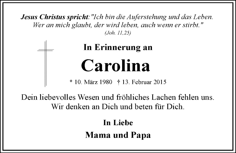  Traueranzeige für Carolina Hansen vom 13.02.2017 aus Ostfriesischer Kurier GmbH
