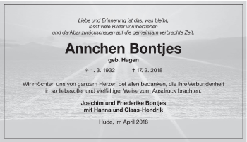 Traueranzeige von Annchen Bontjes von Ostfriesischer Kurier GmbH