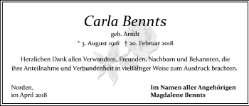 Traueranzeige von Carla Bennts von Ostfriesischer Kurier GmbH