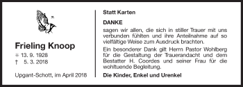 Traueranzeige von Frieling Knoop von Ostfriesischer Kurier / Norderneyer Badezeitung
