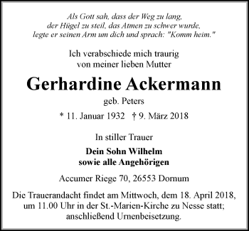 Traueranzeige von Gerhardine Ackermann von Ostfriesischer Kurier / Norderneyer Badezeitung