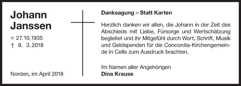  Traueranzeige für Johann Janssen vom 05.04.2018 aus Ostfriesischer Kurier / Norderneyer Badezeitung