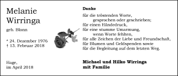 Traueranzeige von Melanie Wirringa von Ostfriesischer Kurier GmbH