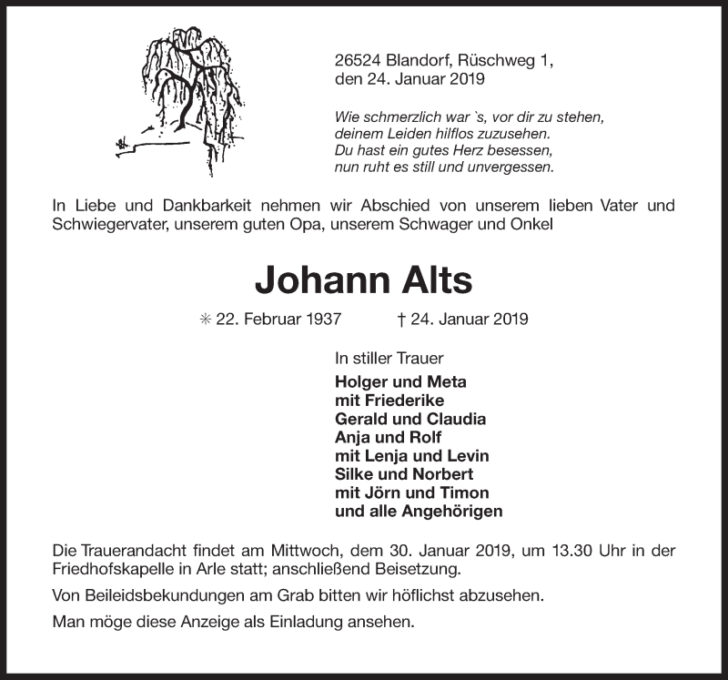  Traueranzeige für Johann Alts vom 26.01.2019 aus Ostfriesischer Kurier GmbH