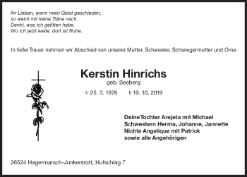 Traueranzeige von Kerstin Hinrichs von Ostfriesischer Kurier GmbH