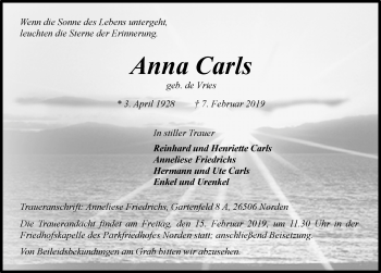 Traueranzeige von Anna Carls von Ostfriesischer Kurier GmbH