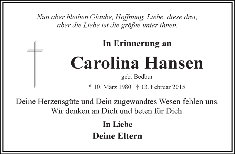  Traueranzeige für Carolina Hansen vom 13.02.2019 aus Ostfriesischer Kurier GmbH