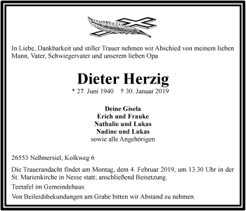 Traueranzeige von Dieter Herzig von Ostfriesischer Kurier GmbH