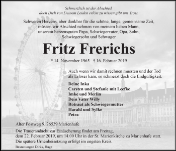 Traueranzeige von Fritz Frerichs von Ostfriesischer Kurier GmbH