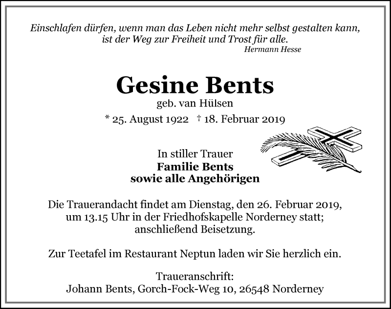  Traueranzeige für Gesine Bents vom 23.02.2019 aus Ostfriesischer Kurier GmbH