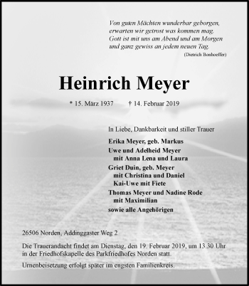 Traueranzeige von Heinrich Meyer von Ostfriesischer Kurier GmbH