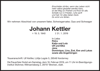 Traueranzeige von Johann Kettler von Ostfriesischer Kurier GmbH