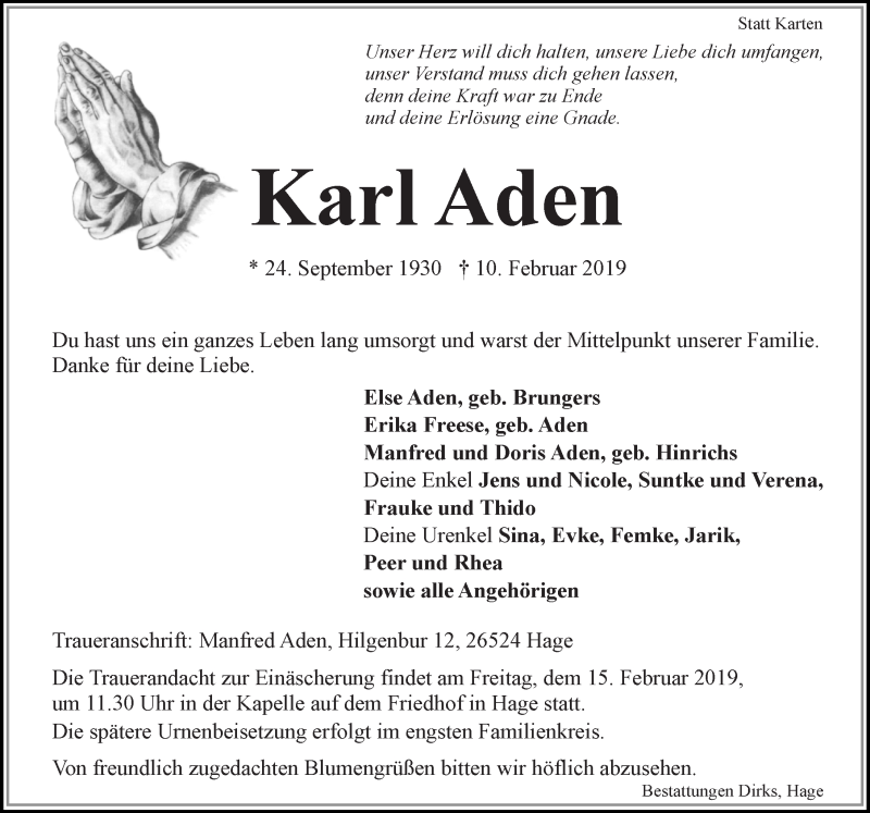  Traueranzeige für Karl Aden vom 12.02.2019 aus Ostfriesischer Kurier GmbH