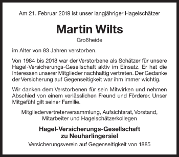 Traueranzeige von Martin Wilts von Ostfriesischer Kurier GmbH