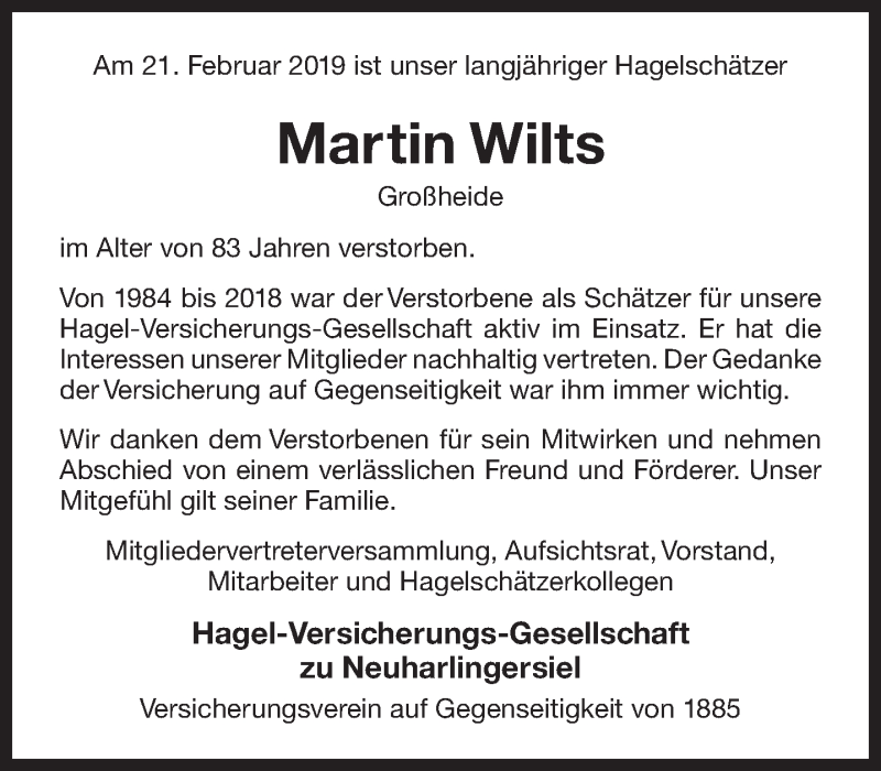  Traueranzeige für Martin Wilts vom 28.02.2019 aus Ostfriesischer Kurier / Norderneyer Badezeitung