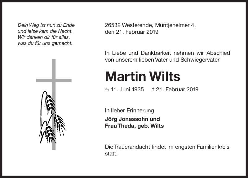  Traueranzeige für Martin Wilts vom 26.02.2019 aus Ostfriesischer Kurier / Norderneyer Badezeitung