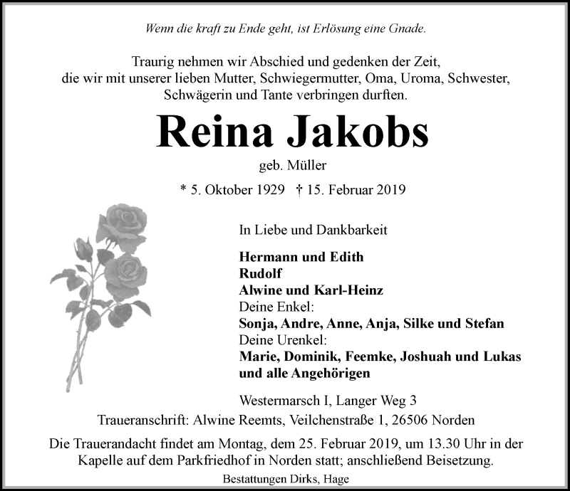  Traueranzeige für Reina Jakobs vom 20.02.2019 aus Ostfriesischer Kurier GmbH