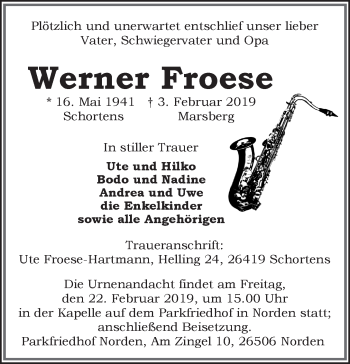 Traueranzeige von Werner Froese von Ostfriesischer Kurier GmbH