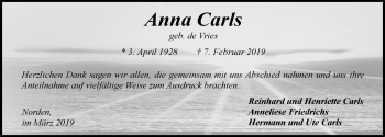 Traueranzeige von Anna Carls von Ostfriesischer Kurier GmbH