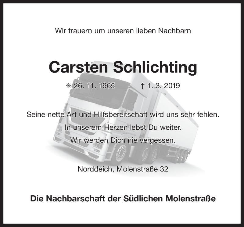  Traueranzeige für Carsten Schlichting vom 09.03.2019 aus Ostfriesischer Kurier GmbH