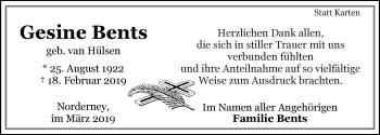 Traueranzeige von Gesine Bents von Ostfriesischer Kurier GmbH