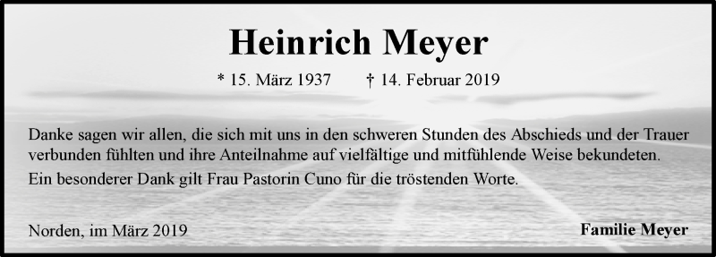  Traueranzeige für Heinrich Meyer vom 16.03.2019 aus Ostfriesischer Kurier GmbH