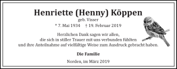 Traueranzeige von Henriette Henny Köppen von Ostfriesischer Kurier GmbH