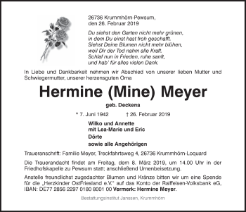 Traueranzeige von Hermine Mine Meyer von Ostfriesischer Kurier GmbH