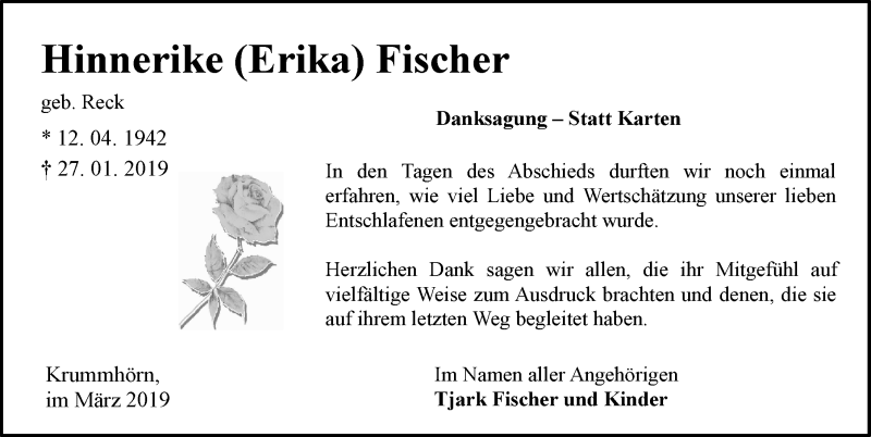  Traueranzeige für Hinnerike Erika Fischer vom 02.03.2019 aus Ostfriesischer Kurier GmbH