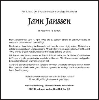 Traueranzeige von Jann Janssen  von Ostfriesischer Kurier / Norderneyer Badezeitung