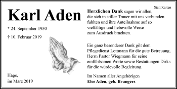 Traueranzeige von Karl Aden von Ostfriesischer Kurier GmbH