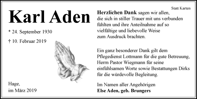  Traueranzeige für Karl Aden vom 16.03.2019 aus Ostfriesischer Kurier GmbH