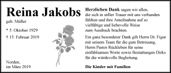 Traueranzeige von Reina Jakobs von Ostfriesischer Kurier GmbH