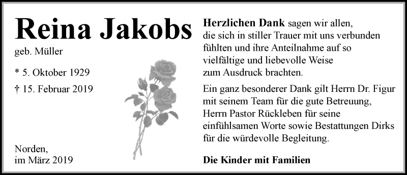  Traueranzeige für Reina Jakobs vom 30.03.2019 aus Ostfriesischer Kurier GmbH