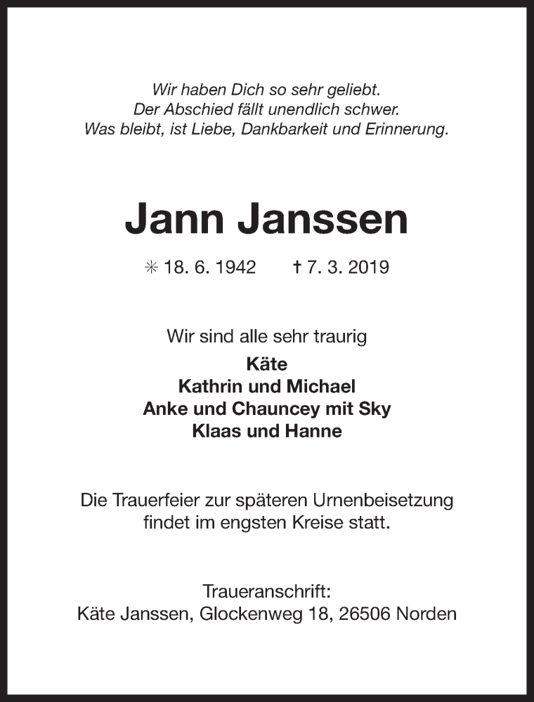  Traueranzeige für Jann Janssen  vom 02.04.2019 aus Ostfriesischer Kurier / Norderneyer Badezeitung