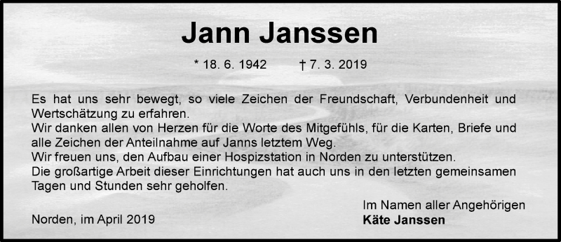  Traueranzeige für Jann Janssen  vom 27.04.2019 aus Ostfriesischer Kurier / Norderneyer Badezeitung