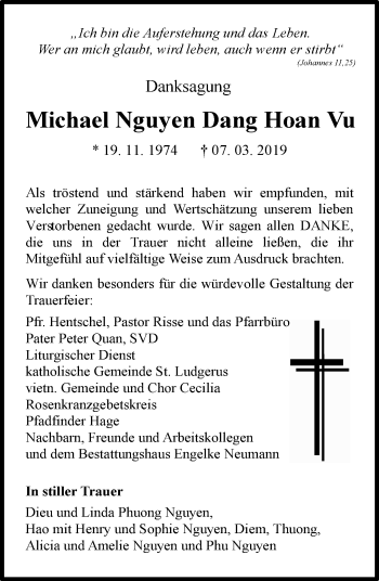 Traueranzeige von Michael  Nguyen Dang Hoan Vu von Ostfriesischer Kurier / Norderneyer Badezeitung
