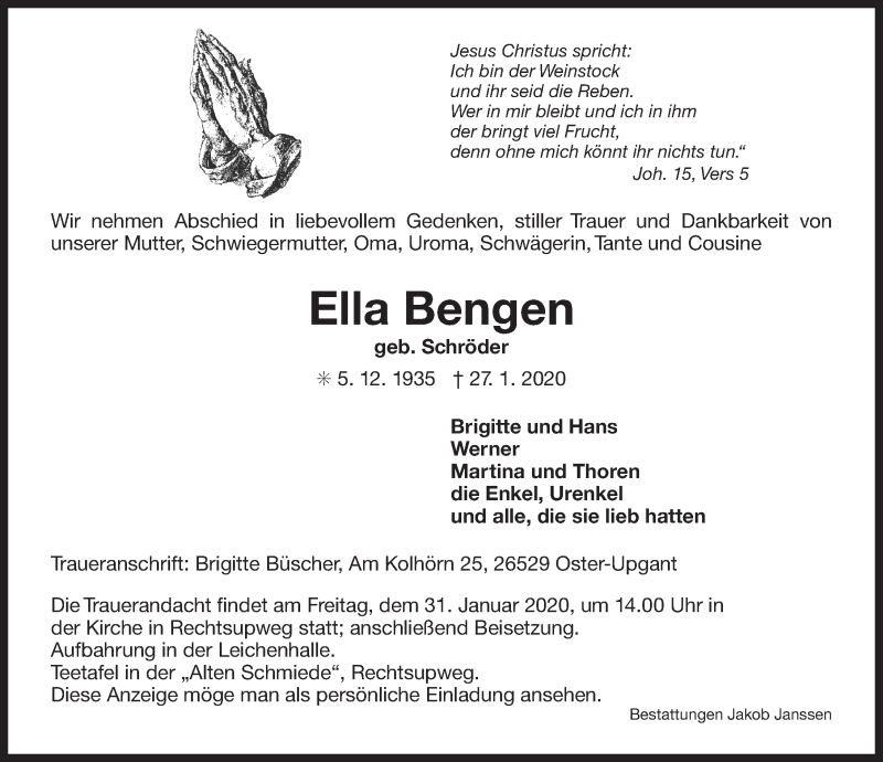  Traueranzeige für Ella Bengen vom 29.01.2020 aus Ostfriesischer Kurier GmbH