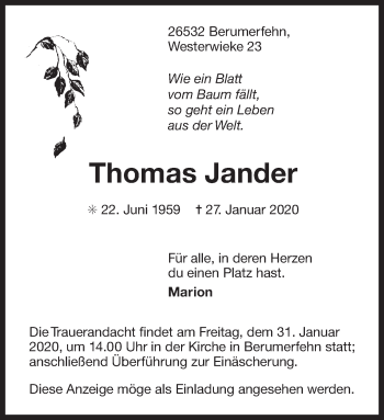 Traueranzeige von Thomas Jander von Ostfriesischer Kurier GmbH