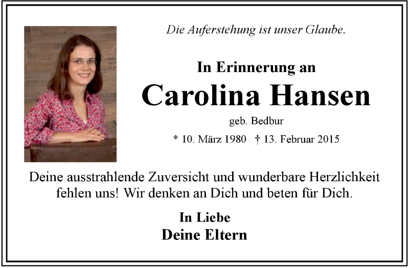  Traueranzeige für Carolina Hansen vom 13.02.2020 aus Ostfriesischer Kurier GmbH