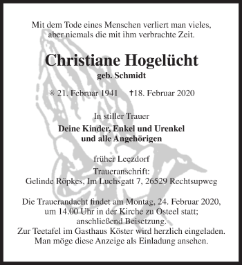 Traueranzeige von Christiane Hogelücht von Ostfriesischer Kurier GmbH