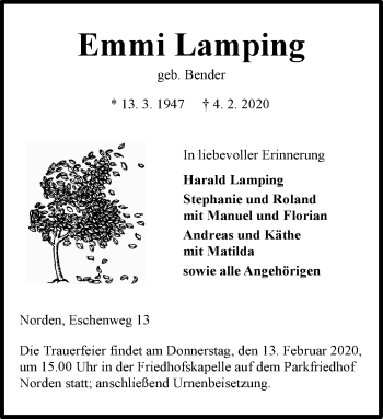 Traueranzeige von Emmi Lamping von Ostfriesischer Kurier GmbH