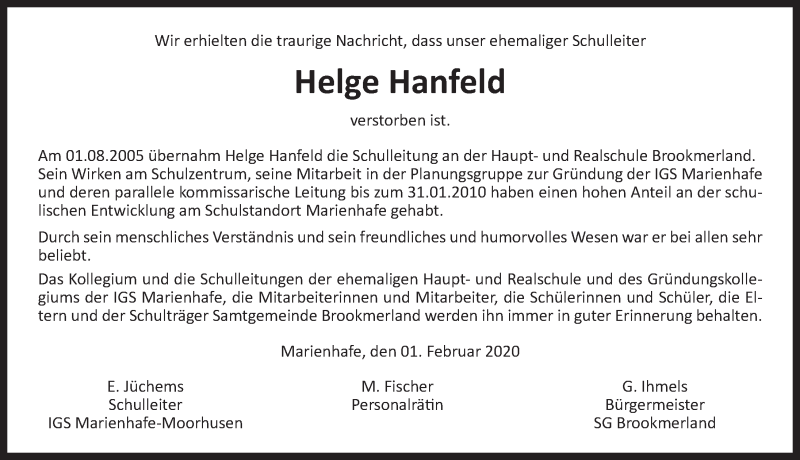  Traueranzeige für Helge Hanfeld vom 04.02.2020 aus Ostfriesischer Kurier GmbH