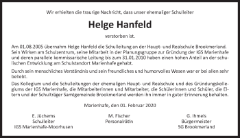 Traueranzeige von Helge Hanfeld von Ostfriesischer Kurier GmbH