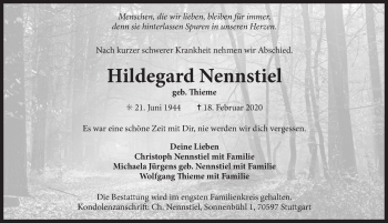 Traueranzeige von Hildegard Nennstiel von Ostfriesischer Kurier GmbH
