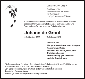 Traueranzeige von Johann de Groot von Ostfriesischer Kurier GmbH