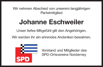 Traueranzeige von Johanne Eschweiler von Ostfriesischer Kurier GmbH