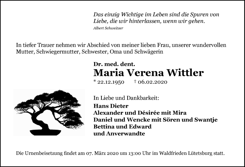  Traueranzeige für Maria Verena Wittler vom 15.02.2020 aus Ostfriesischer Kurier GmbH