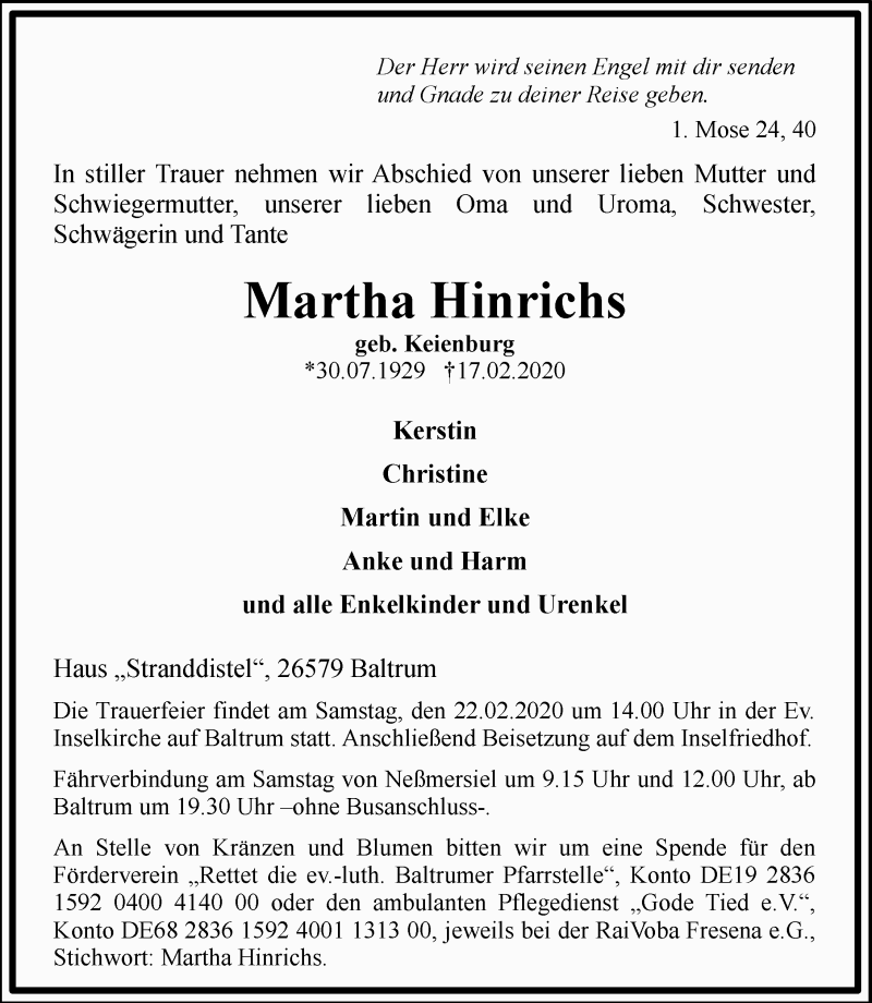  Traueranzeige für Martha Hinrichs vom 19.02.2020 aus Ostfriesischer Kurier GmbH