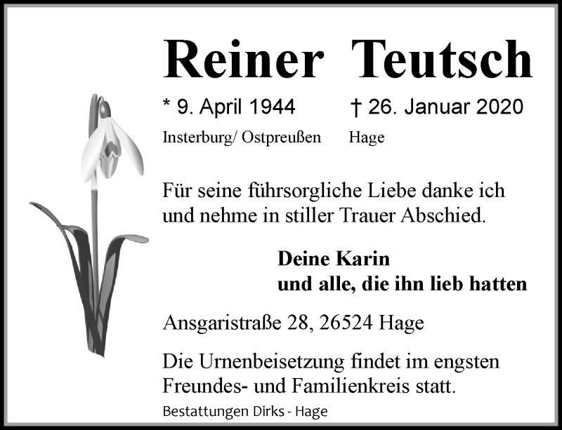 Traueranzeige für Reiner Teutsch vom 01.02.2020 aus Ostfriesischer Kurier GmbH
